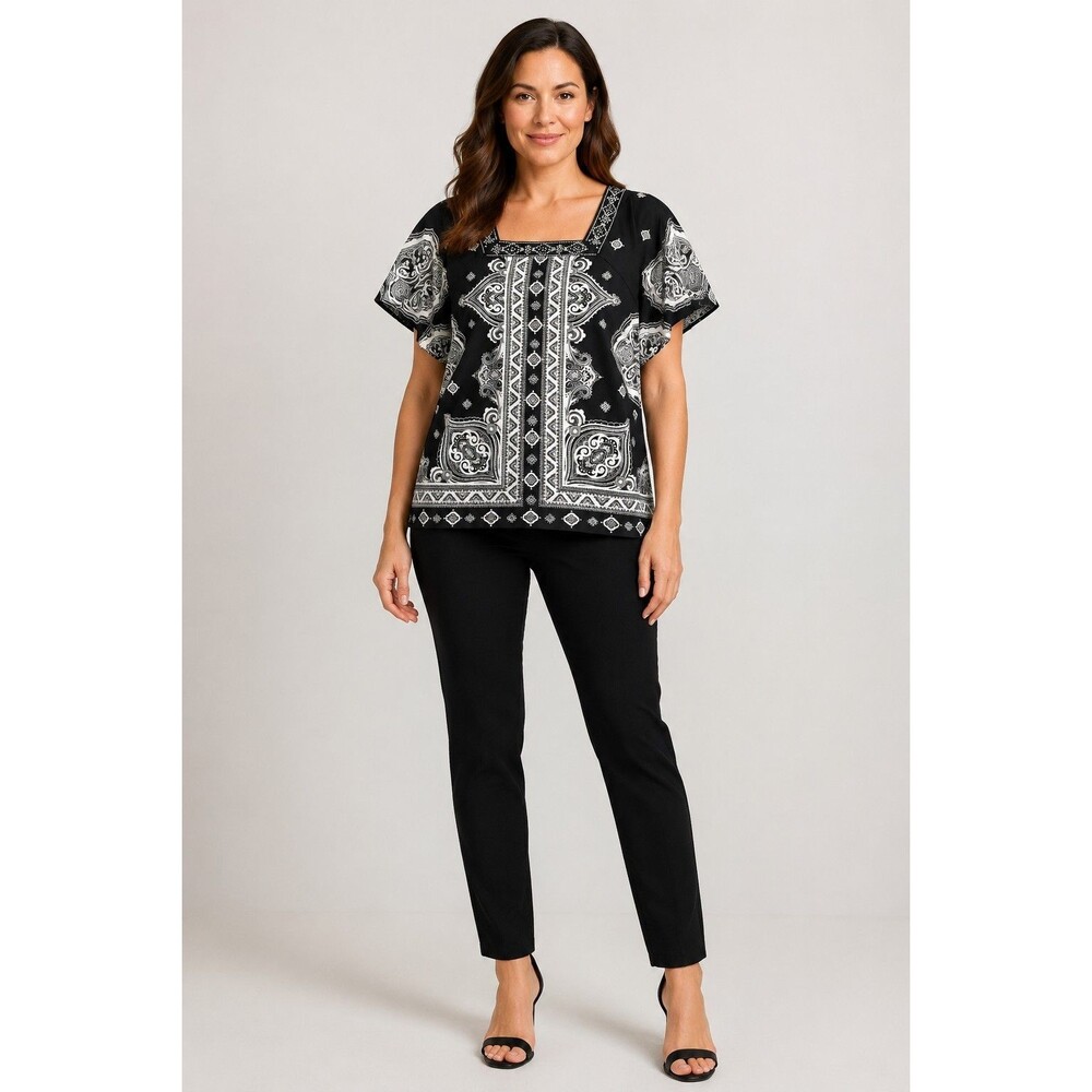 JM Collection Women’s Size Small Black & White Paisley Rhinestone Short...